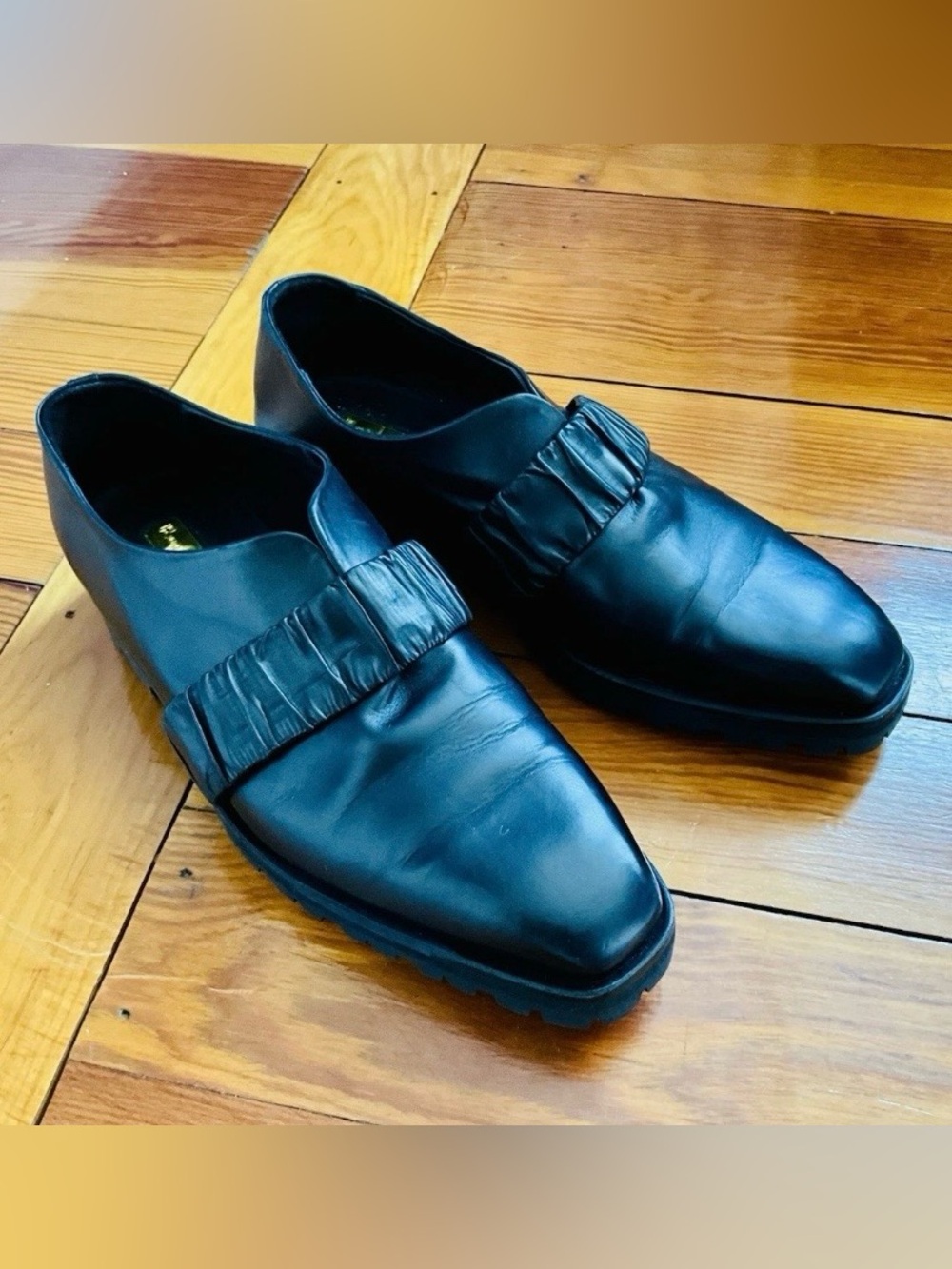 Rupert Sanderson Black Leather Ruffled Strap Loafers